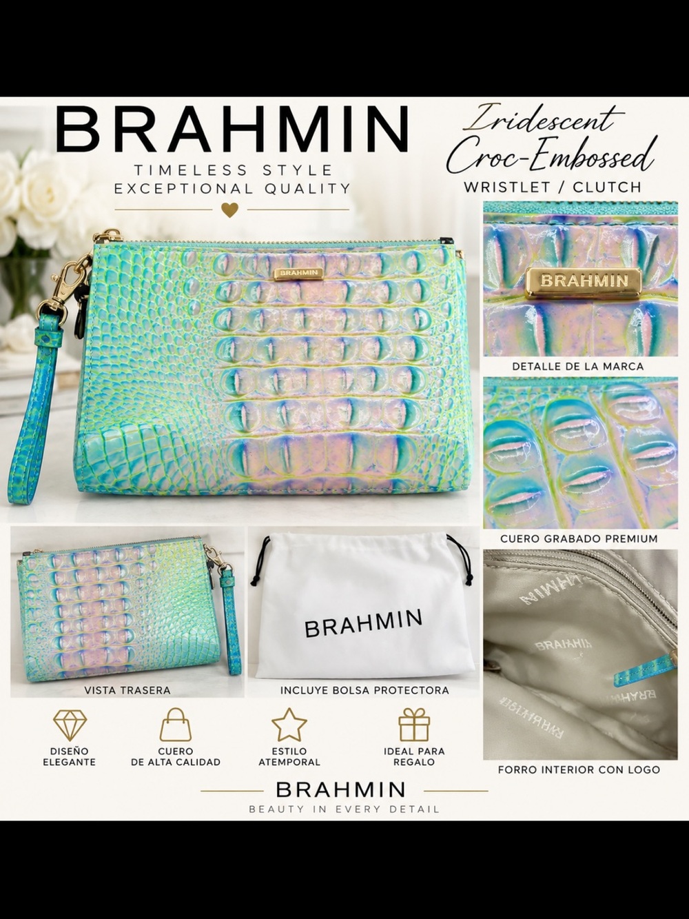 Brahmin Iridescent Croc-Embossed Wristlet Clutch in Aqua